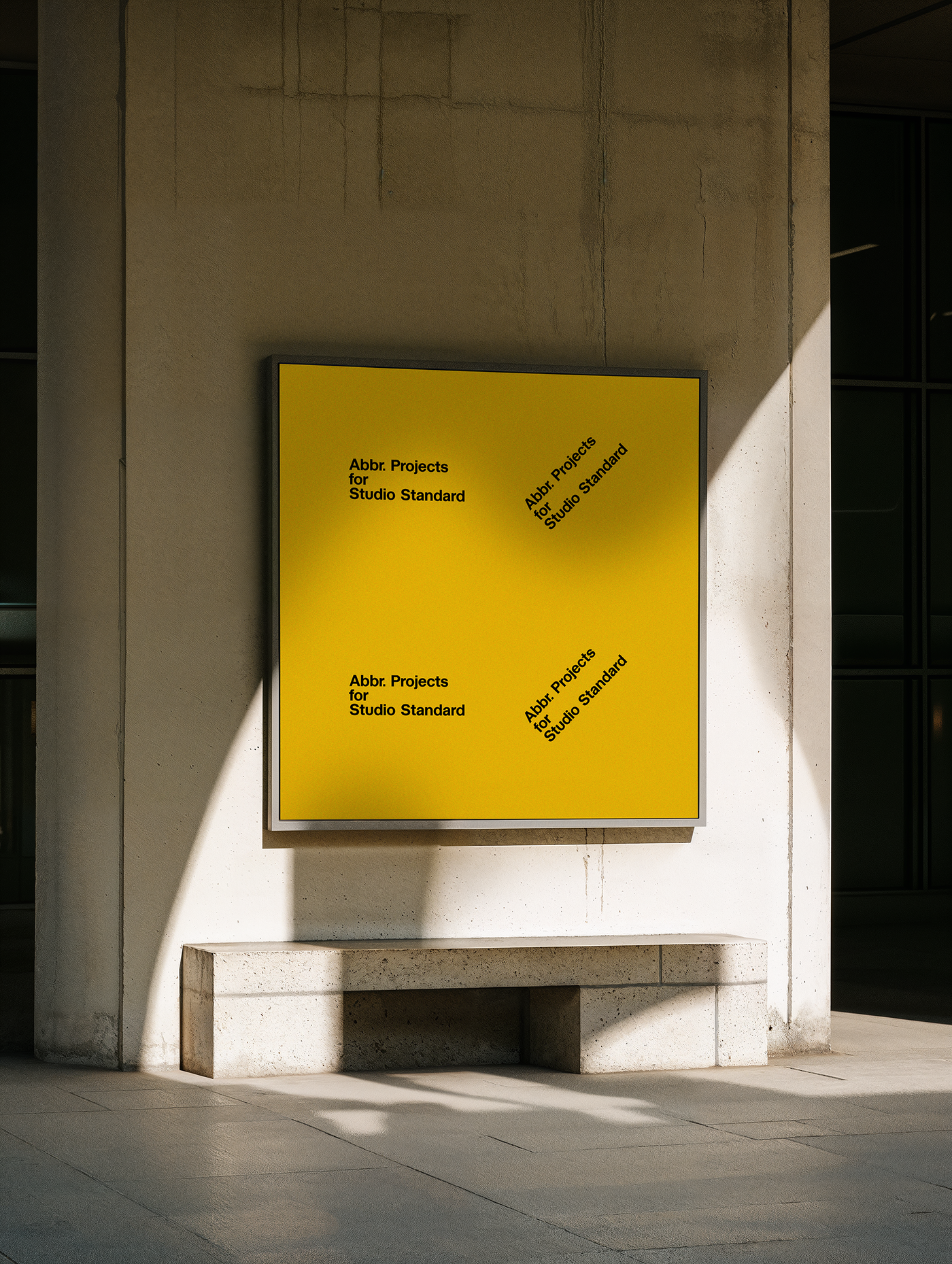 Institutional poster mockup with a large yellow square sign in a concrete alcove with bench below