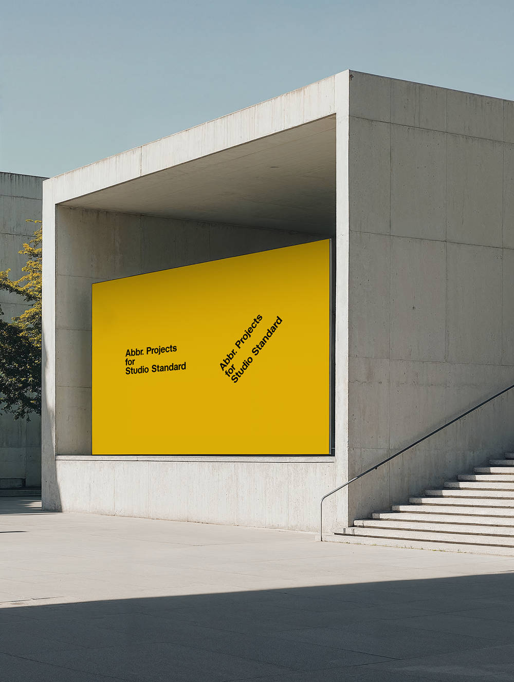 Billboard presentation mockup with yellow graphic displayed in a recessed brutalist concrete building entrance