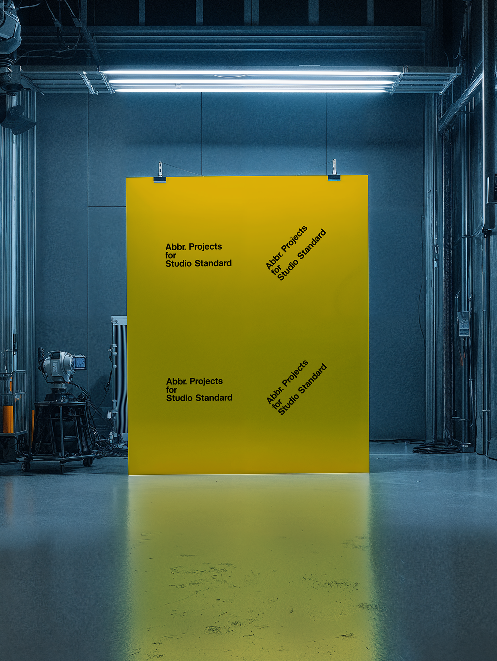Institutional mockup of a tall yellow panel in an industrial warehouse space with overhead spotlights