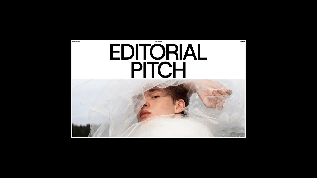 A centered square magazine or editorial cover design with the large title 'EDITORIAL PITCH' in black text on a white background, above a fashion photo of a person wrapped in sheer white fabric. The entire design is shown against a black background.