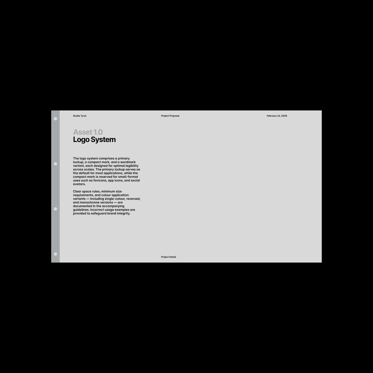 Almanac proposal slide reading Asset 1.0 Logo System, with body copy set in a single column