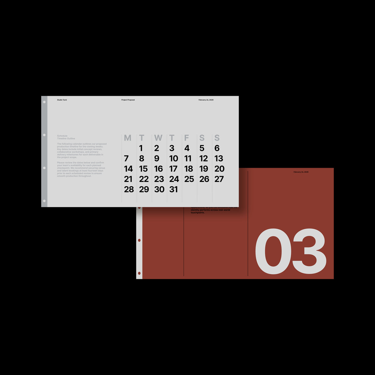 Two Almanac proposal slides overlapping, a timeline calendar and a rust section divider numbered 03