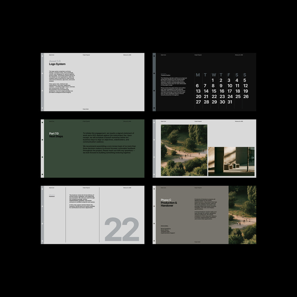 Six Almanac proposal slides including a section divider, a calendar, a phase breakdown and image spreads