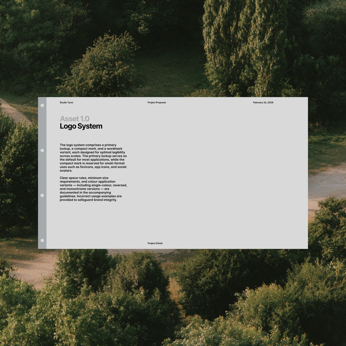Almanac proposal slide shown over an aerial photograph of a wooded path