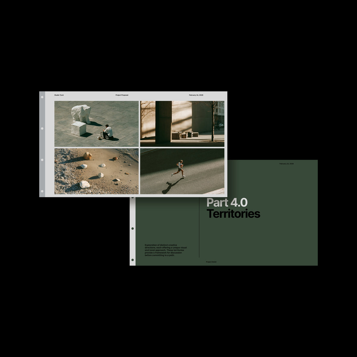 Two Almanac proposal slides, a four-image grid and a green divider reading Part 4.0 Territories