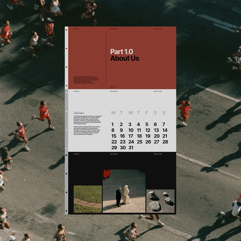 Three Almanac proposal slides over a photograph of runners, including Part 1.0 About Us and a timeline calendar