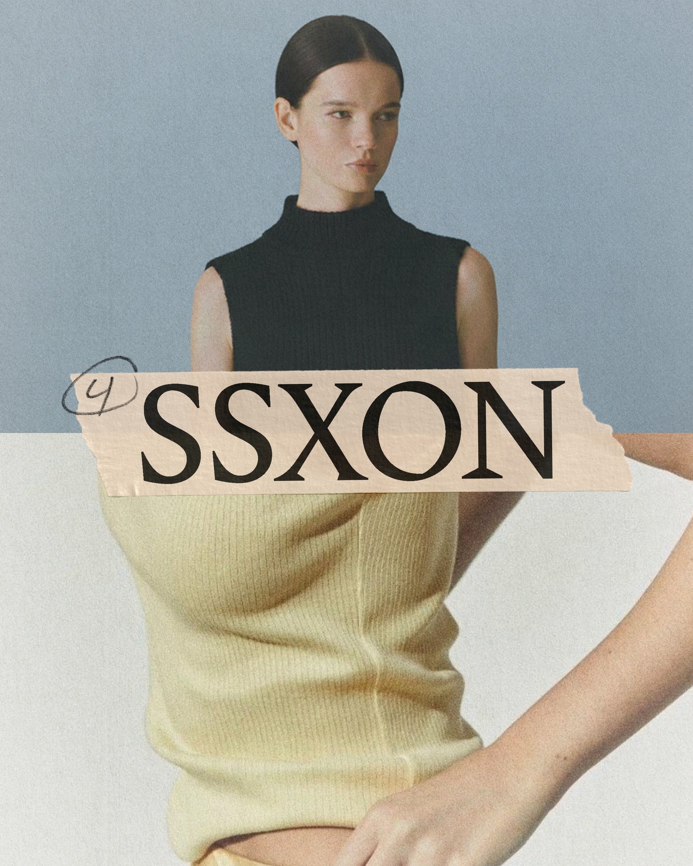 Editorial mockup of torn masking tape with SSXON branding layered over a knitwear campaign portrait