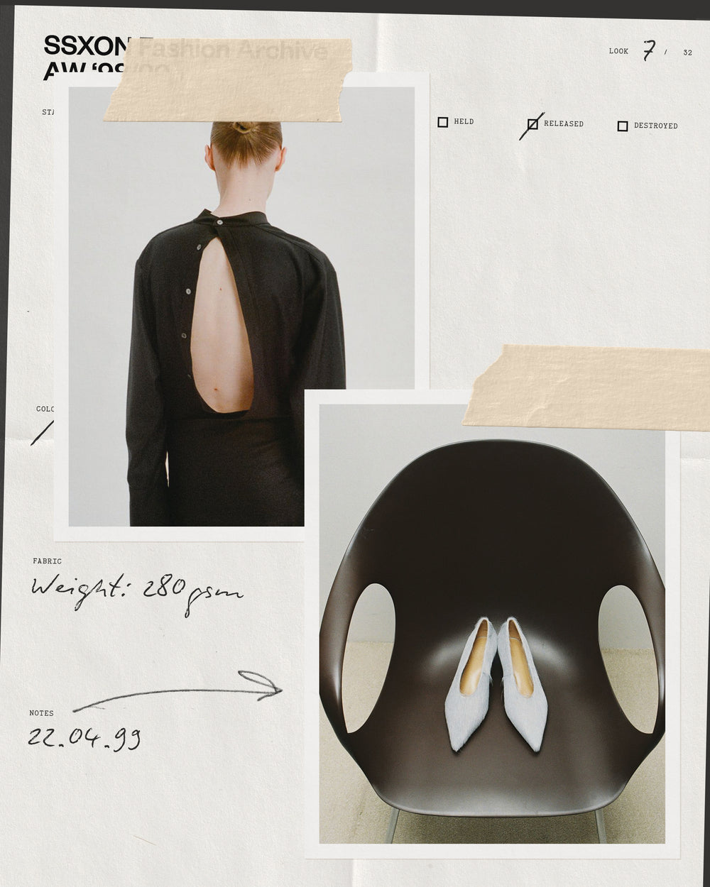 Fashion journal mockup styled as an archival look sheet with taped photos, handwritten fabric notes, and date stamp