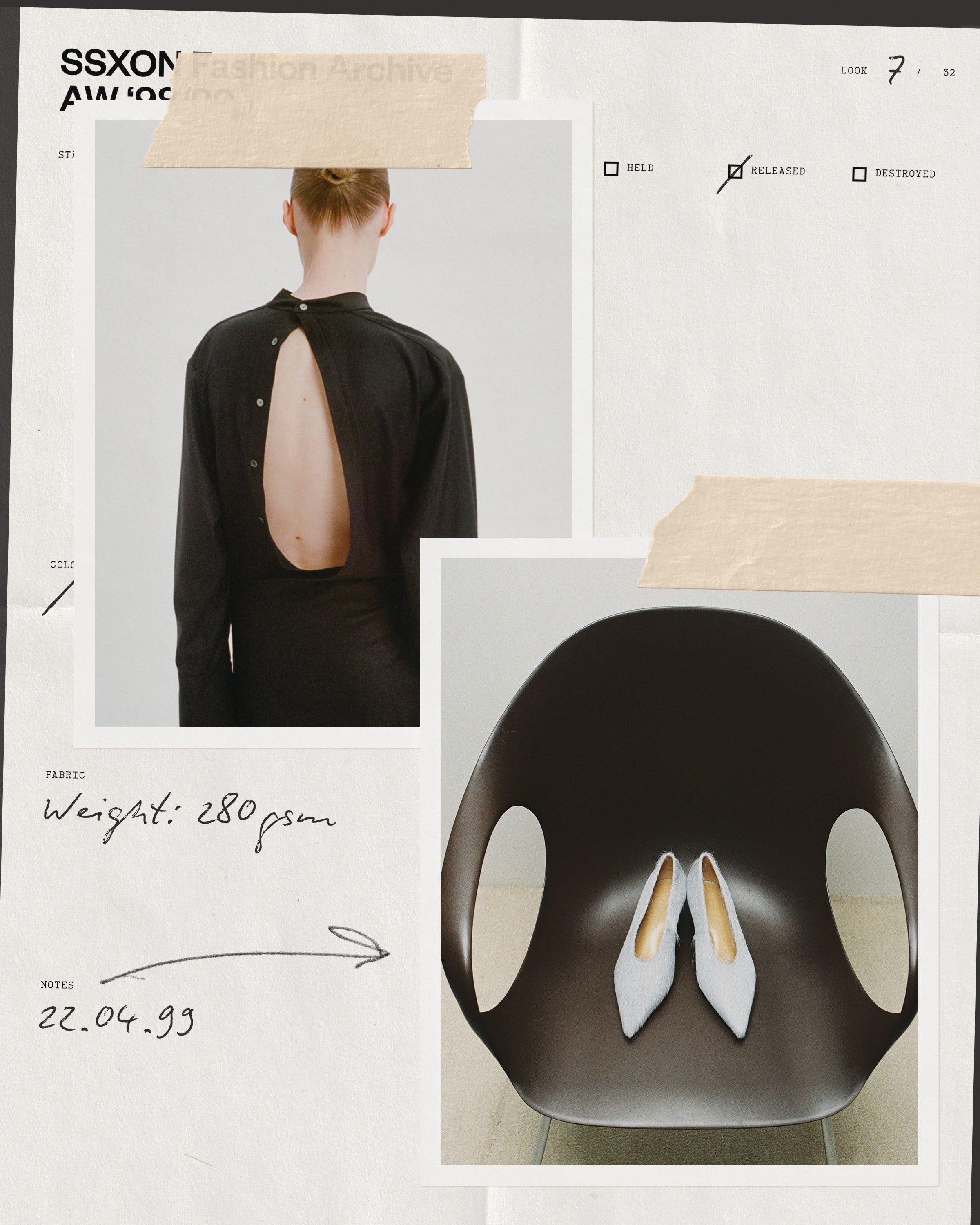 Fashion journal mockup styled as an archival look sheet with taped photos, handwritten fabric notes, and date stamp