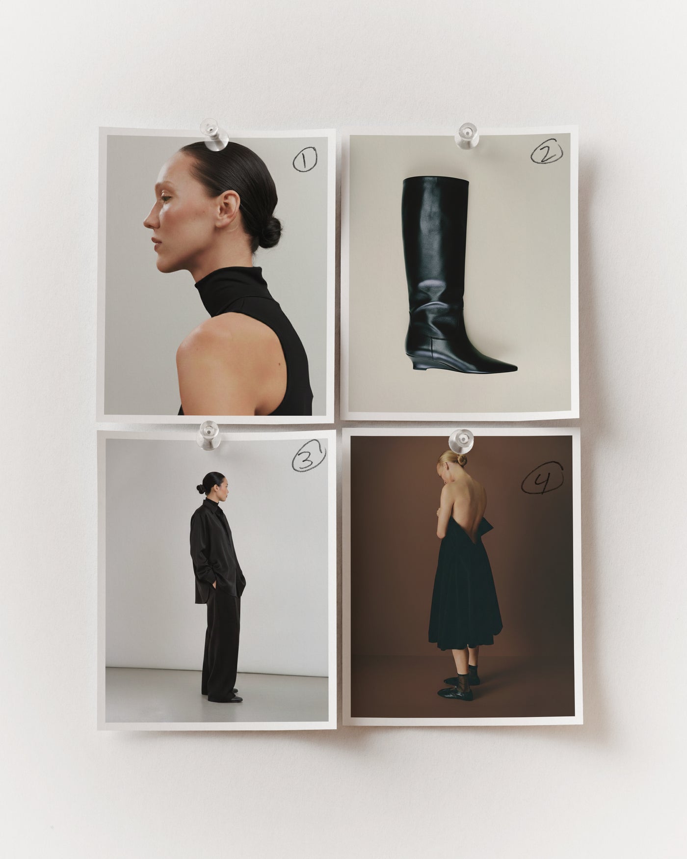 Lookbook mockup with four pinned fashion prints on white wall showing model portraits, boots, and silhouettes