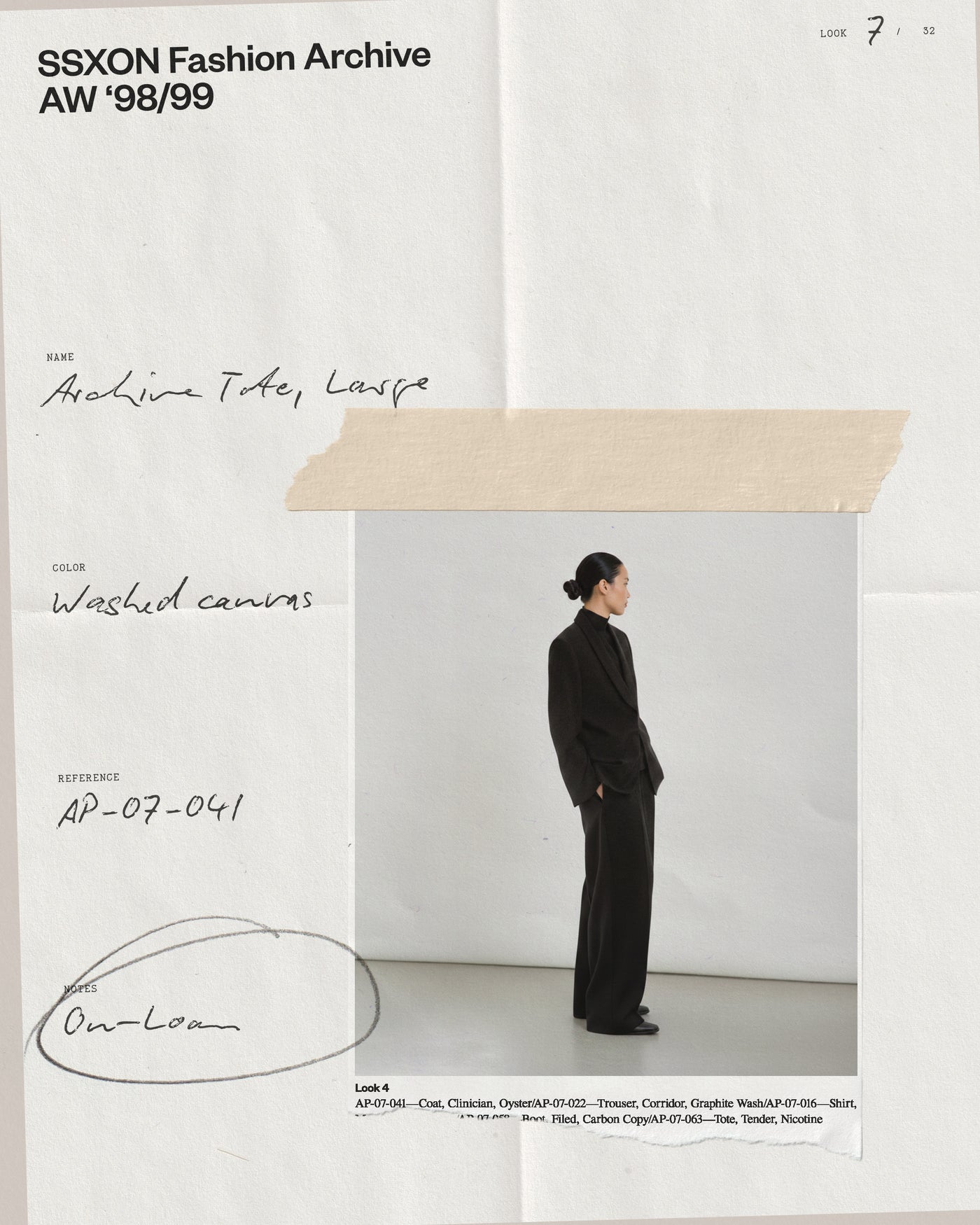 Archival fashion journal mockup as a typed look sheet with taped strip and handwritten garment notes