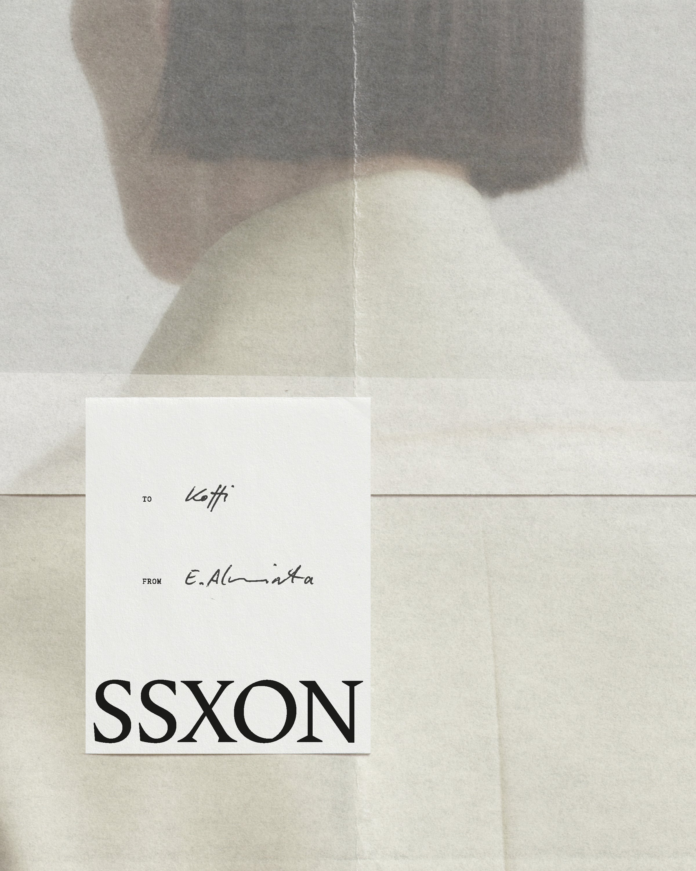Lookbook mockup with folded paper texture, a blurred portrait, and a handwritten SSXON correspondence card