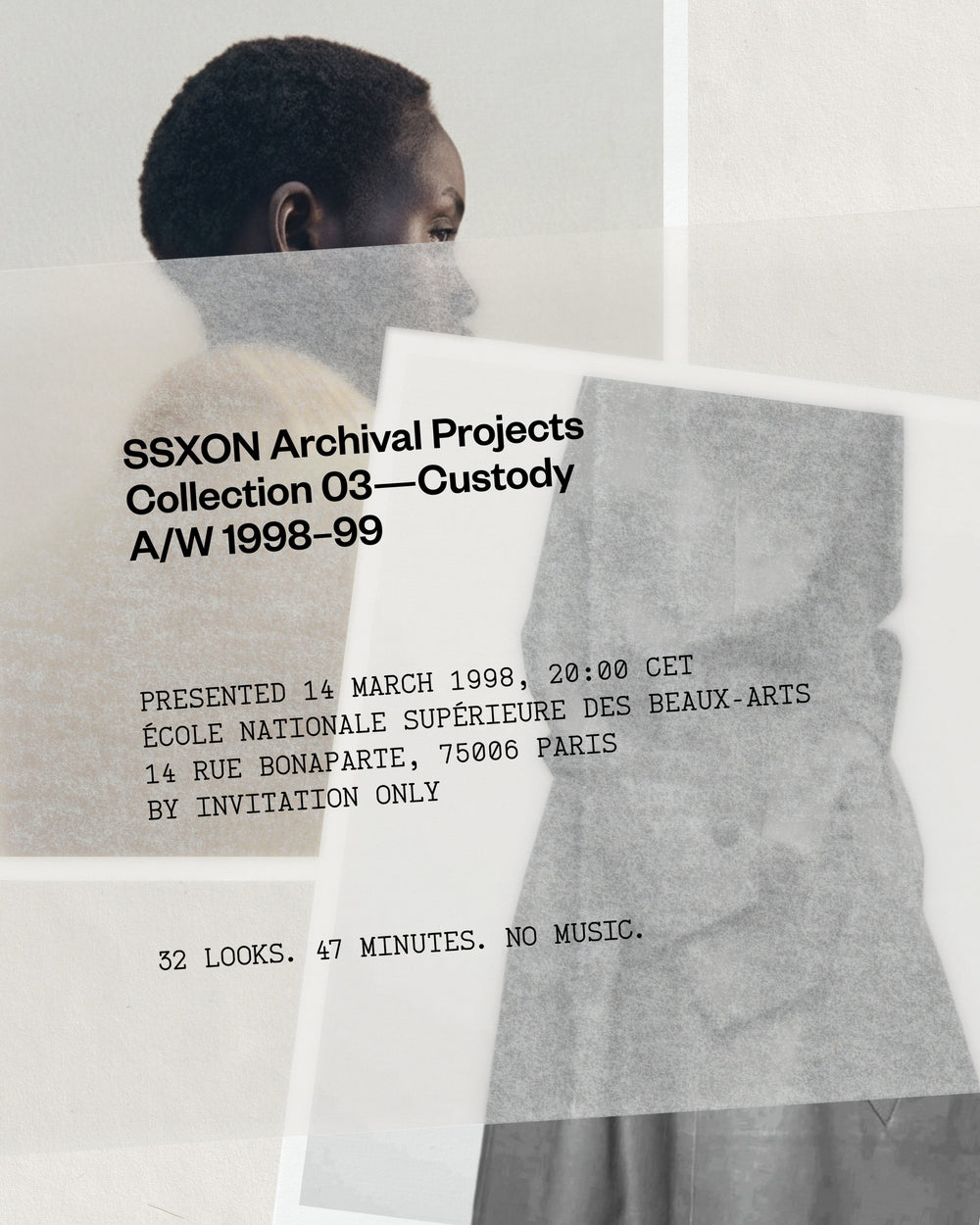 Fashion presentation mockup layering translucent paper over a runway portrait with typed Paris show invitation