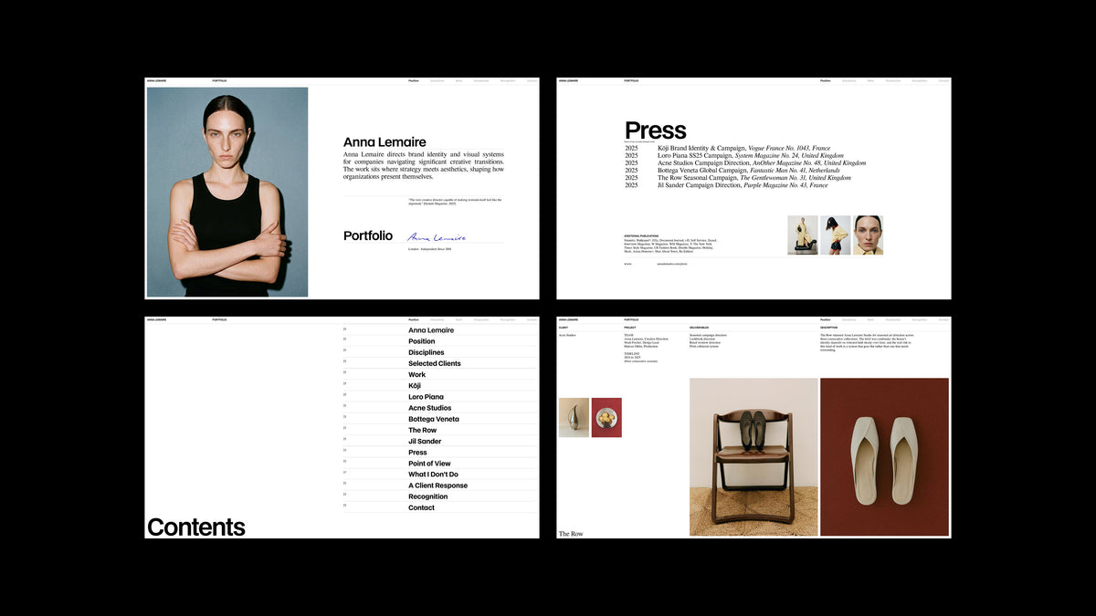 A four-panel collage showing pages from the CD Suite fashion portfolio template for Figma, Canva and Adobe Indesign.