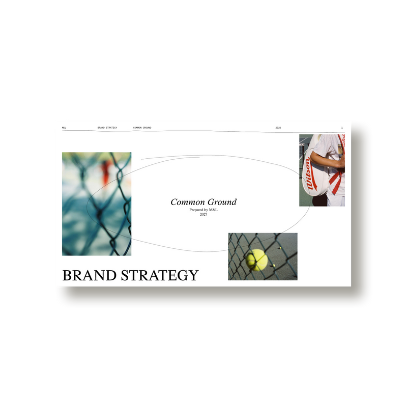 Cover of M&L Brand Strategy, a brand strategy presentation template by Louis Garella, with oversized serif title and hand-drawn detailing.