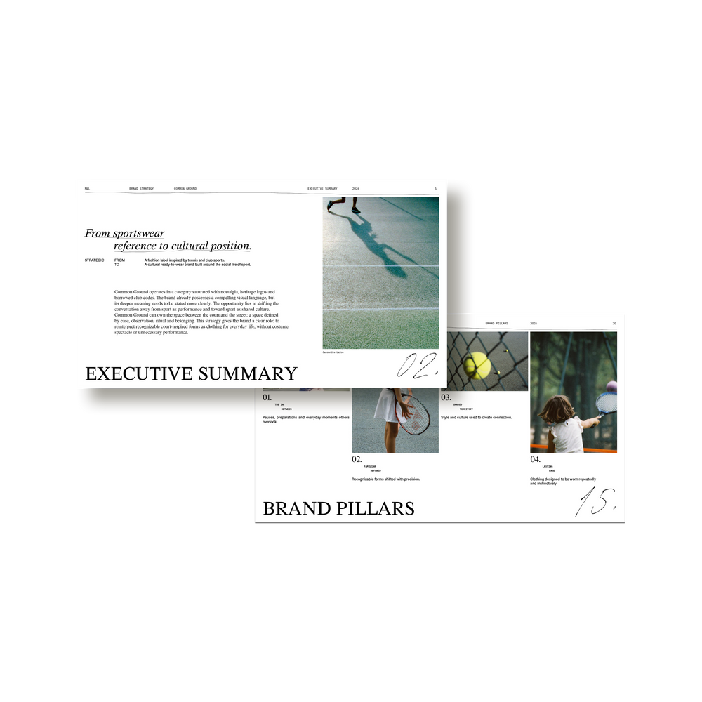 A spread from M&L Brand Strategy showing the strategic premise, brand positioning, and growth horizon sections.