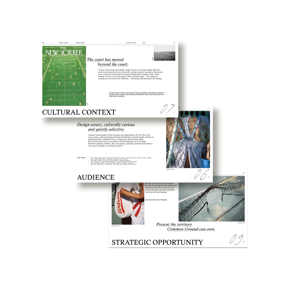A brand strategy spread from M&L Brand Strategy pairing an editorial fashion image with positioning copy.