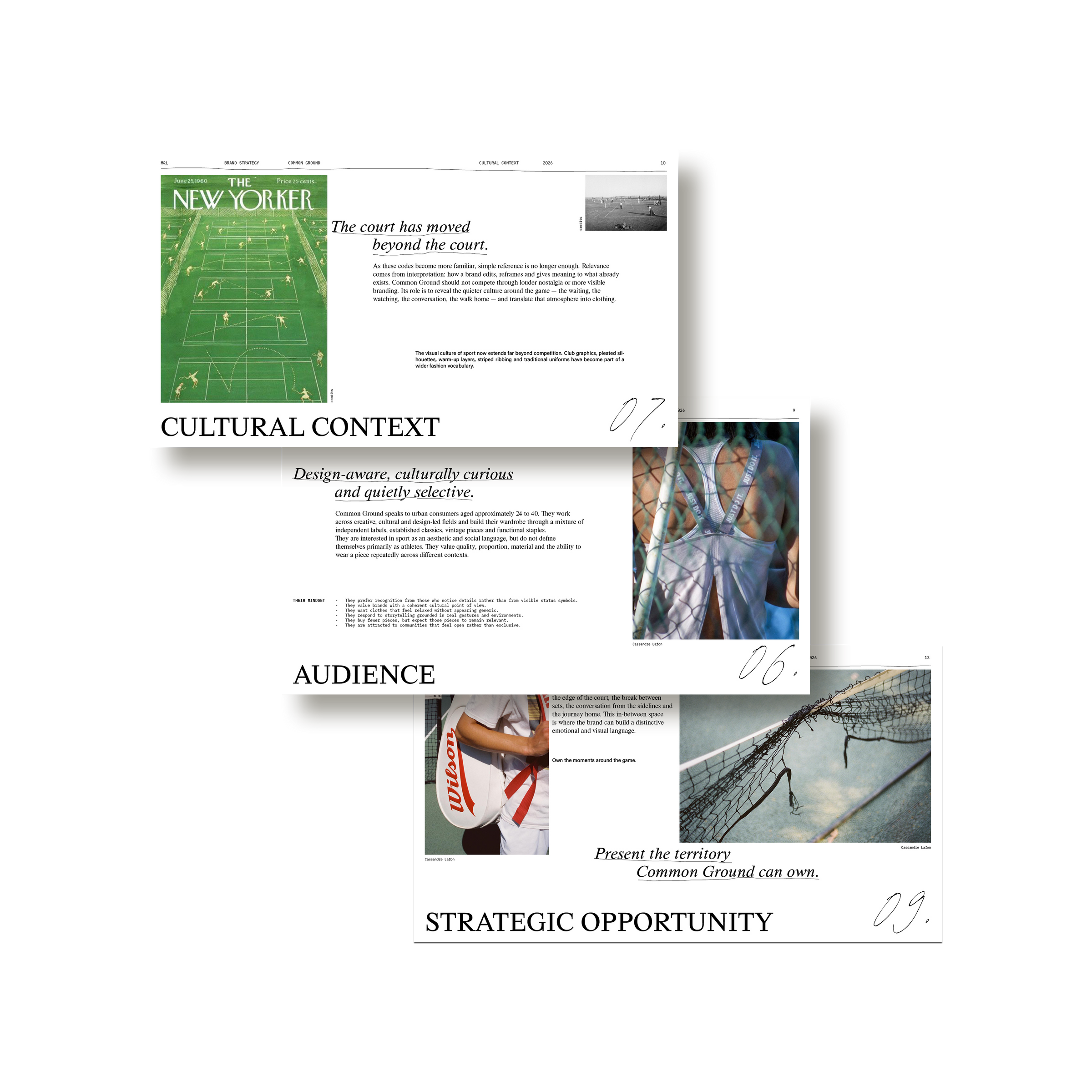 A brand strategy spread from M&L Brand Strategy pairing an editorial fashion image with positioning copy.
