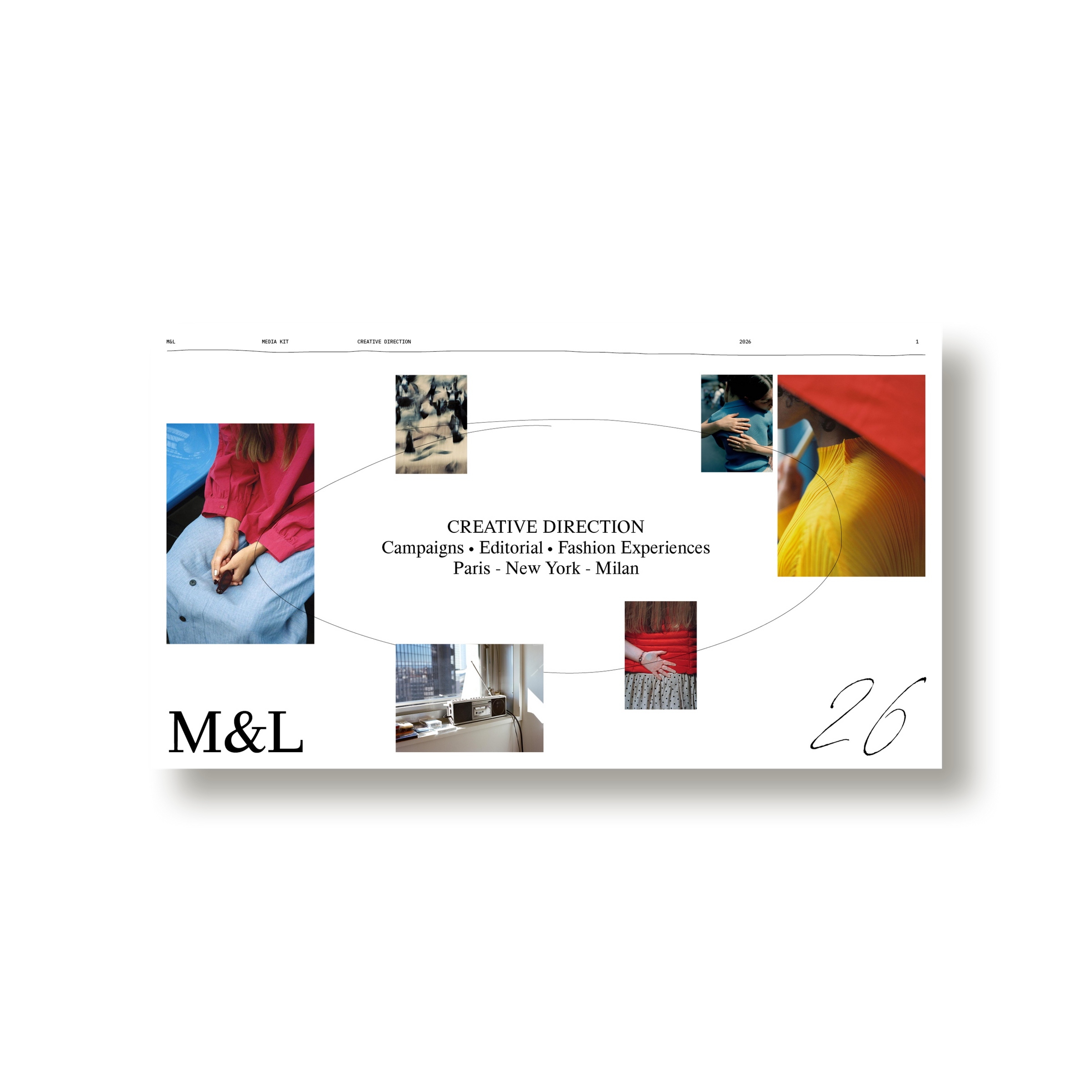 Cover of the M&L Media Kit, a studio media kit and capabilities template by Louis Garella, with an image collage threaded by a single hand-drawn line.
