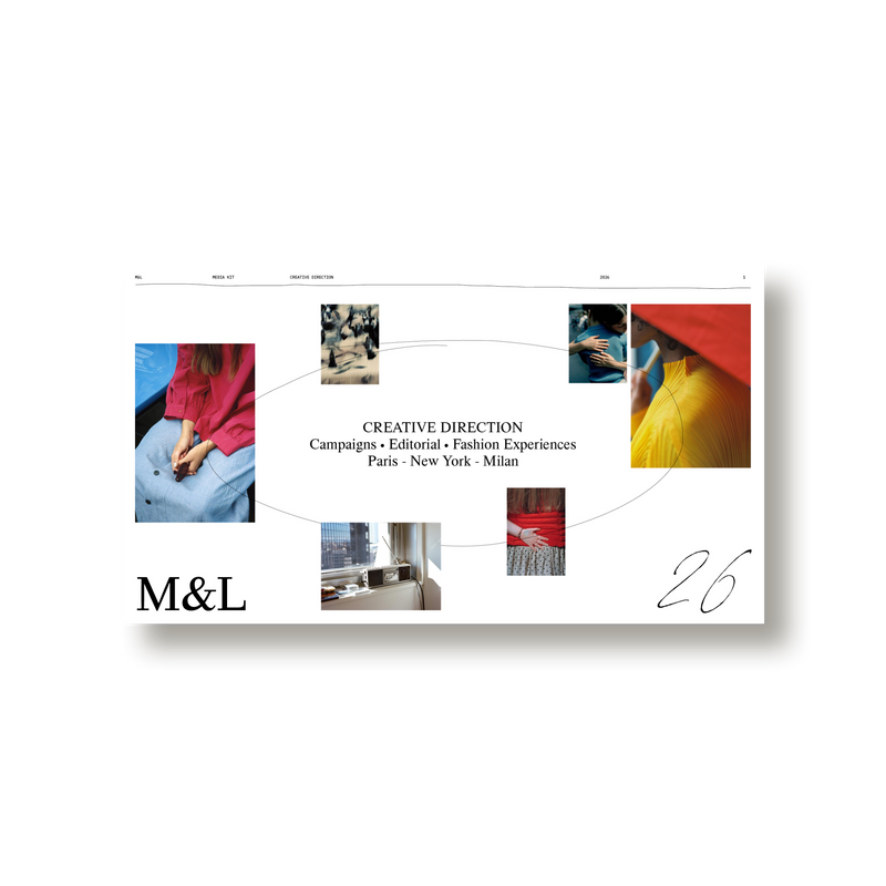 Cover of the M&L Media Kit, a studio media kit and capabilities template by Louis Garella, with an image collage threaded by a single hand-drawn line.