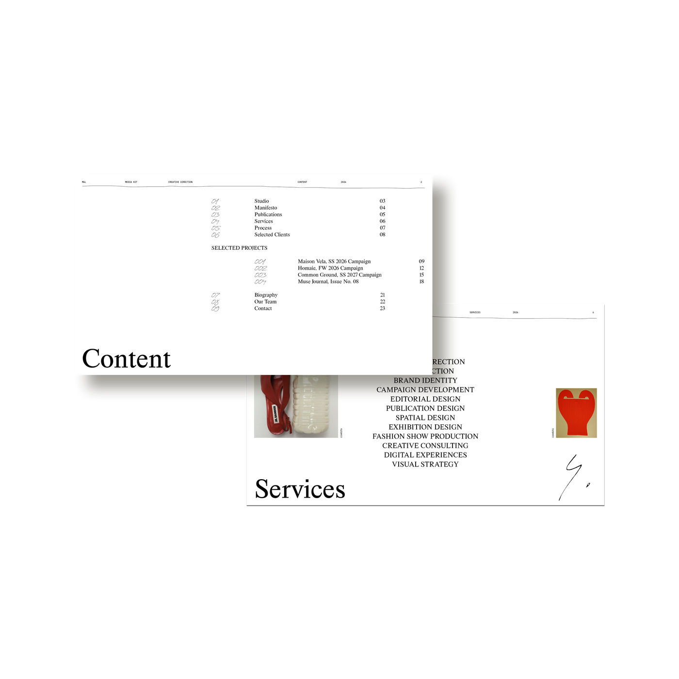 A spread from the M&L Media Kit showing the studio statement and manifesto pages.