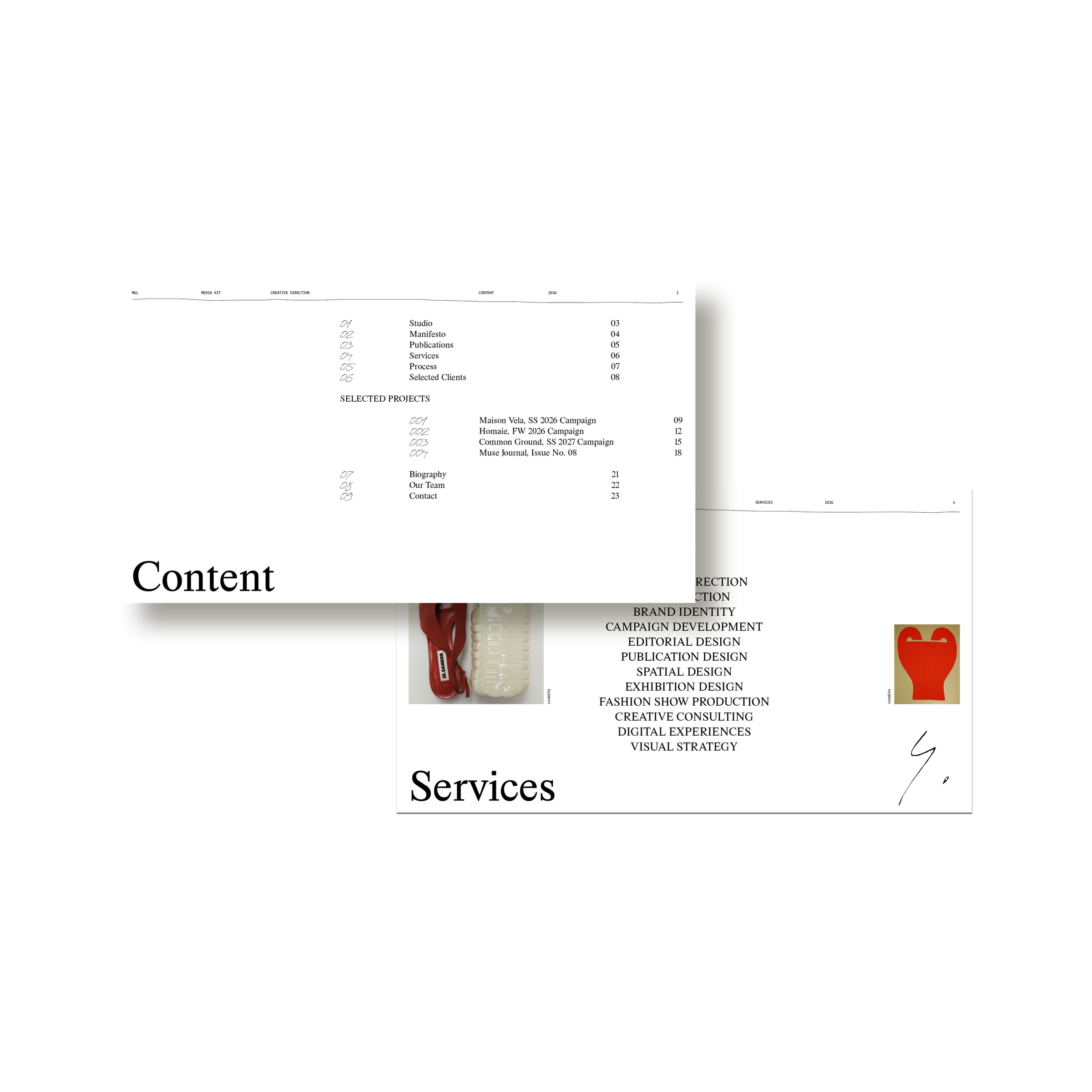 A spread from the M&L Media Kit showing the studio statement and manifesto pages.