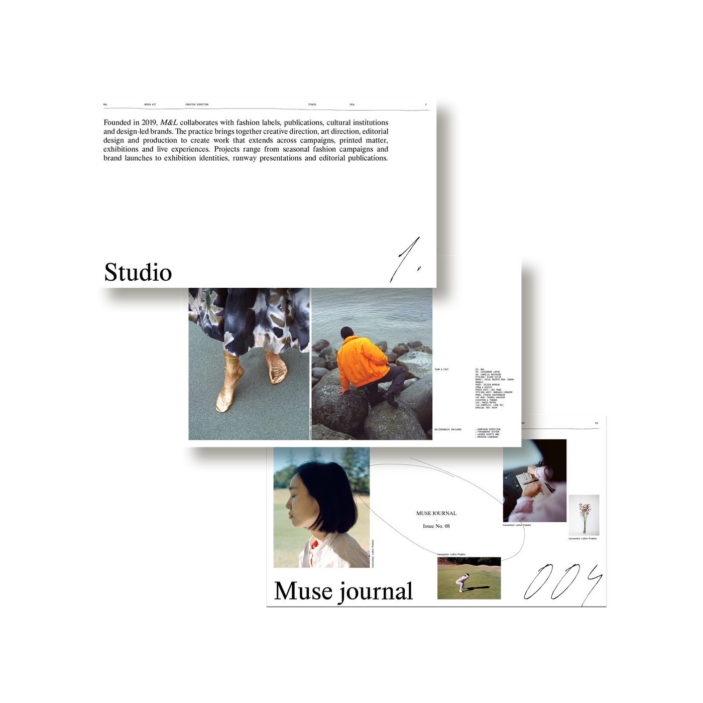 A services and process spread from the M&L Media Kit, with capabilities set in serif caps.
