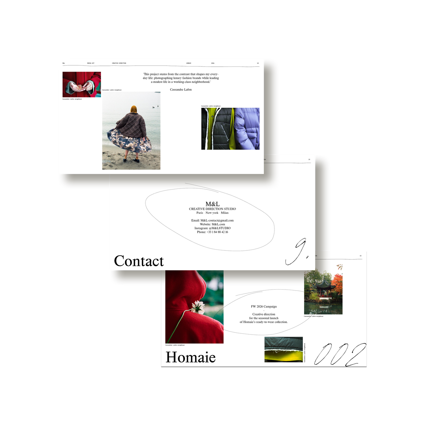 The team and contact pages from the M&L Media Kit by Louis Garella, designed in Adobe InDesign.