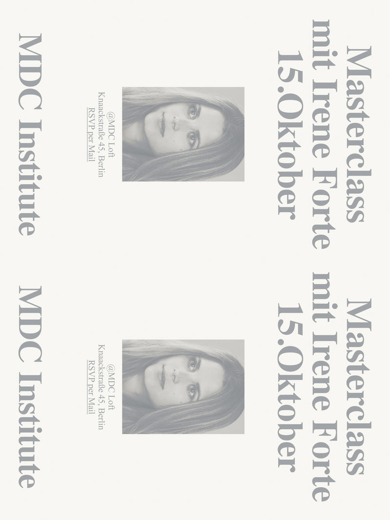 MDC Institute masterclass poster by Lisa Fessl, rotated serif typography around a portrait