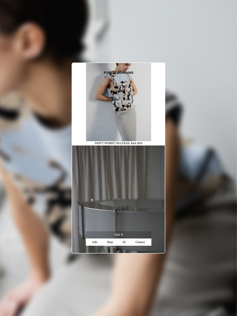 Public Domains knitwear store by Lisa Fessl, mobile home screen with the Knit 2024 lookbook