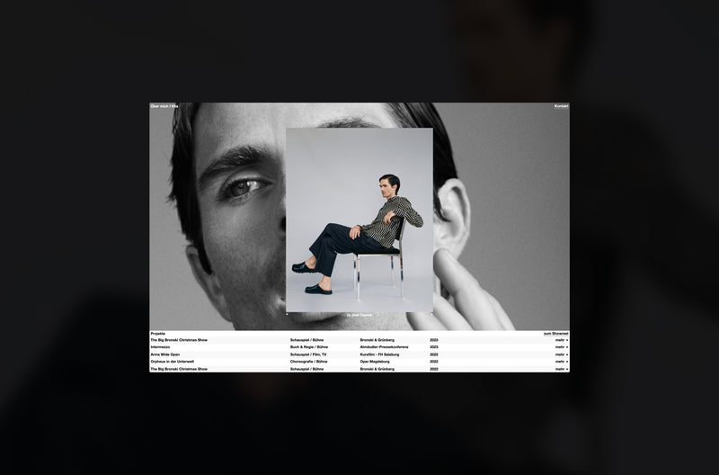 Actor portfolio website by Lisa Fessl, dark layout with a tabular index of theatre credits